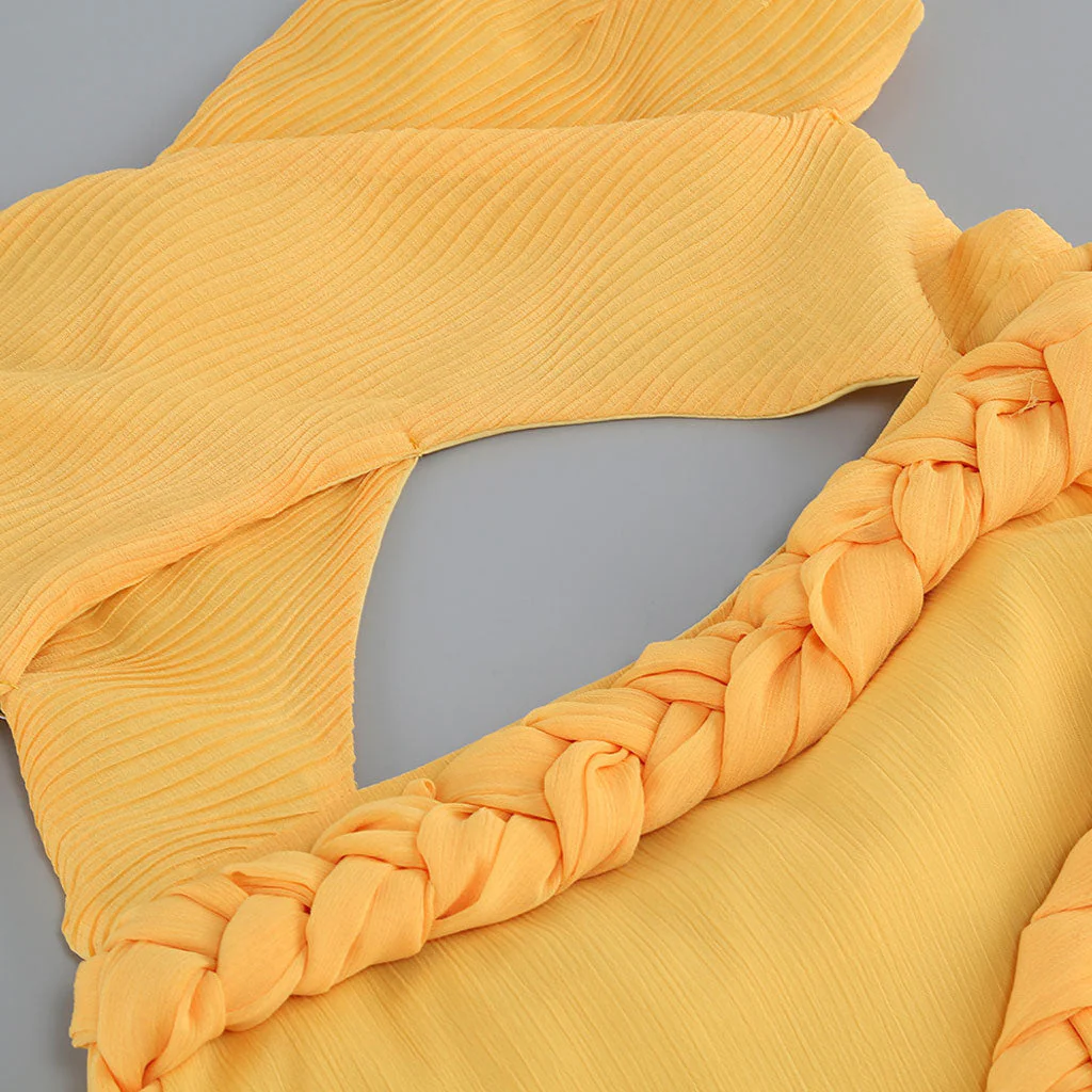 Cascading Ruffle Crossed Bandeau CutOut Braided Waist Asymmetrical Evening Dress - Image 3