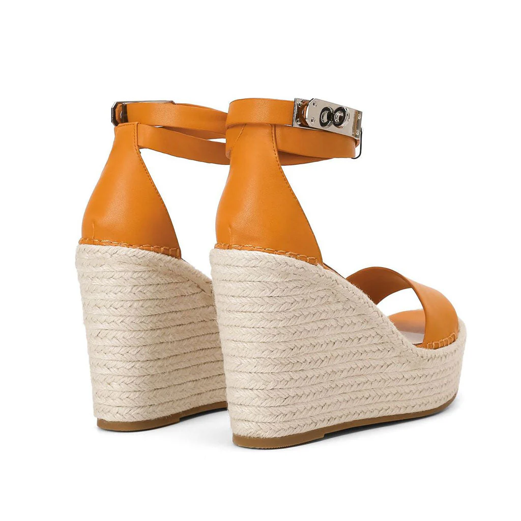 Casual Ankle Strap Platform Open Round Toe Wedge Espadrilles - Orange - Image 3