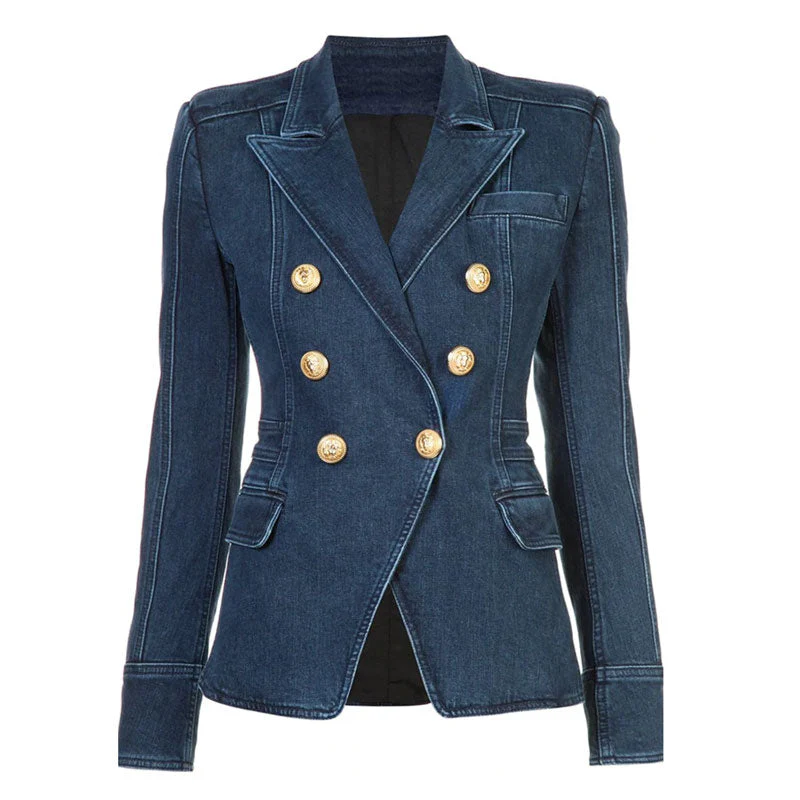 Casual Gold Tone Button Double Breasted Lapel Collar Tailored Denim Blazer - Blue - Image 5