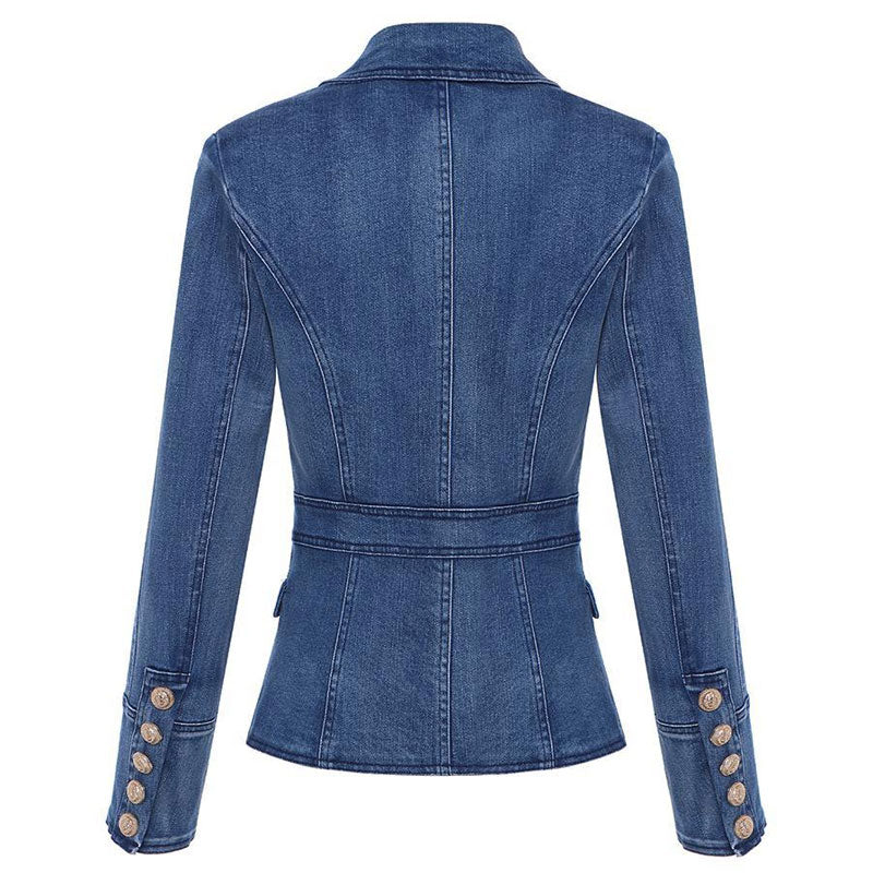 Casual Gold Tone Button Double Breasted Lapel Collar Tailored Denim Blazer - Blue - Image 6