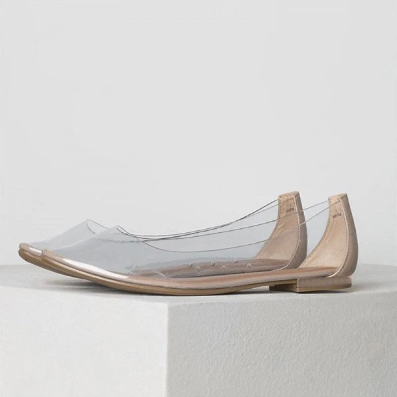 Casual Leather Panel Clear PVC Pointed Toe Ballet Flats - Apricot - Image 3