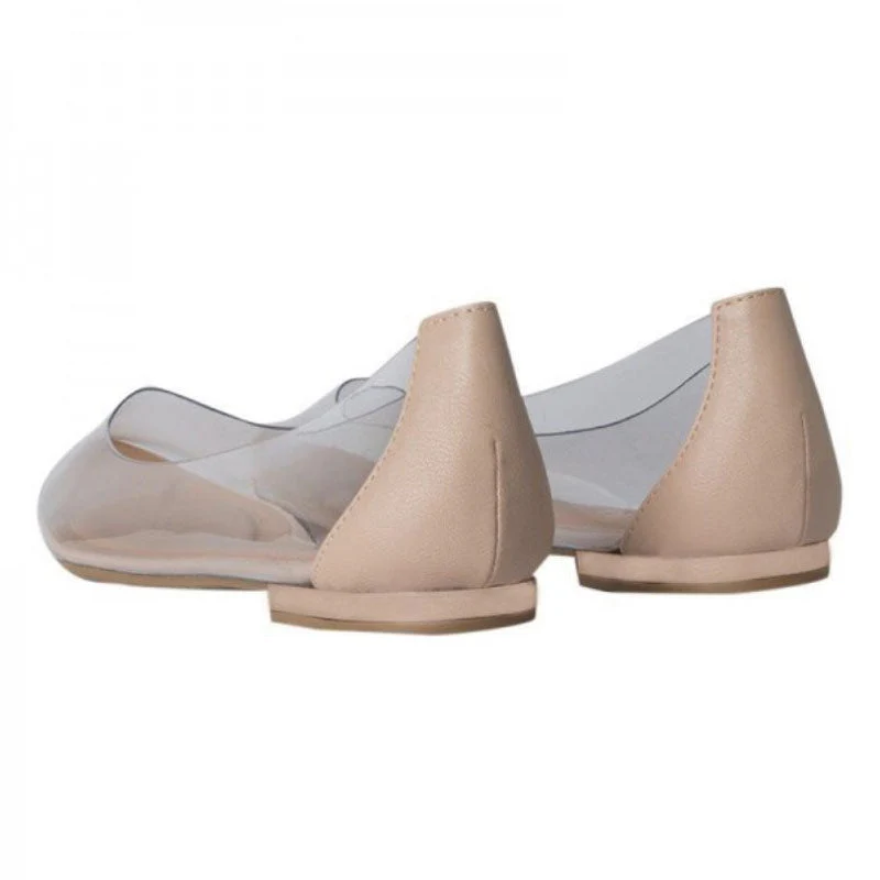 Casual Leather Panel Clear PVC Pointed Toe Ballet Flats - Apricot - Image 4