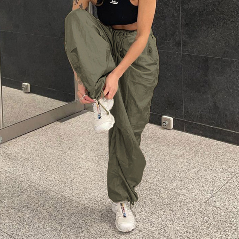 Casual Low Waist Drawstring Ruched Trim Baggy Cargo Pants - Green - Image 2
