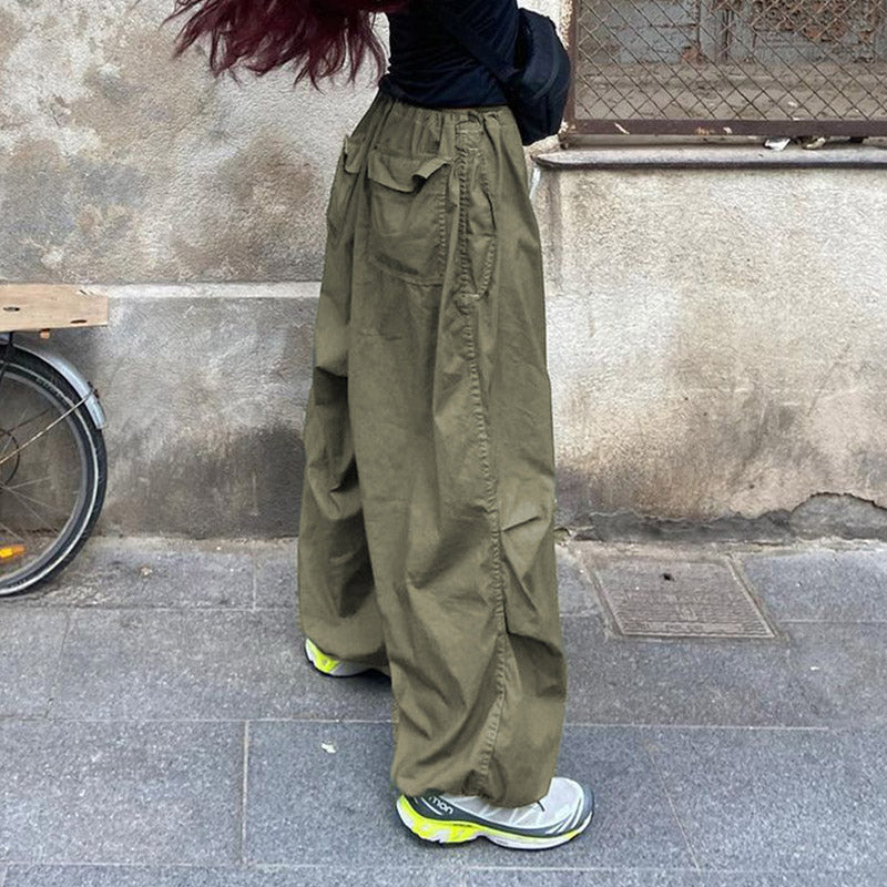 Casual Low Waist Drawstring Ruched Trim Baggy Cargo Pants - Green - Image 3