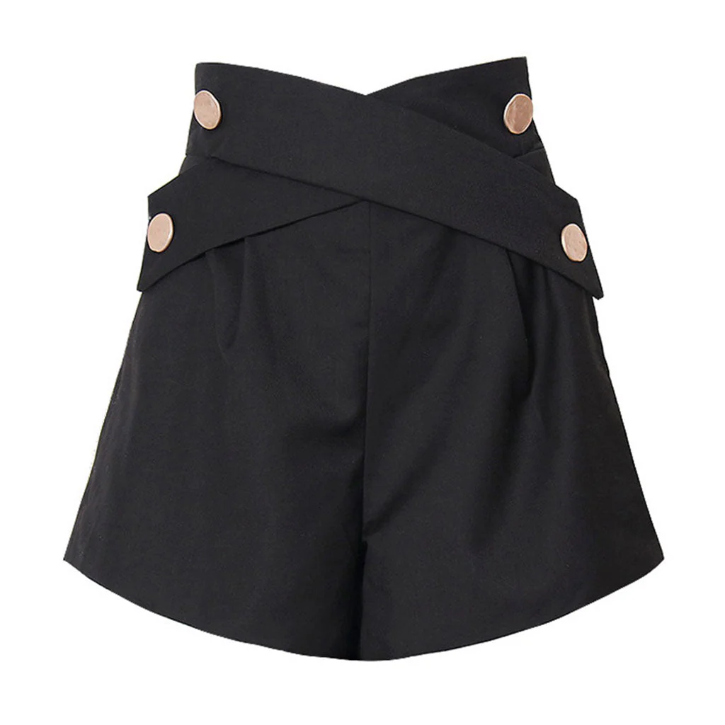 Casual Metallic Button Cross Strap High Waist Frill Trim A-Line Shorts - Image 2
