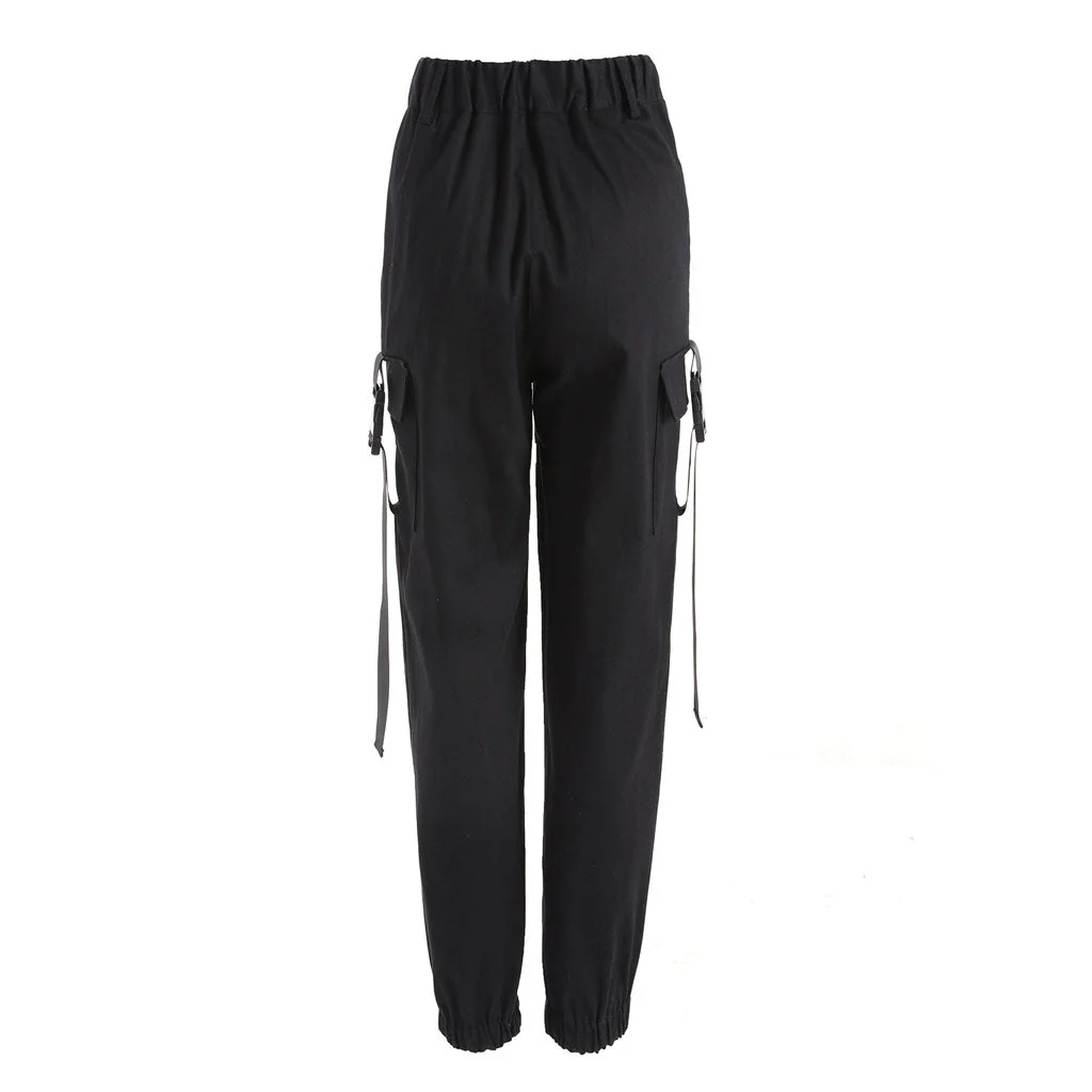Casual Style Buckled Cargo Pocket High Waist Harem Pants - Black - Image 4