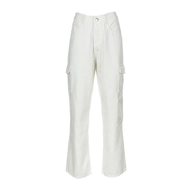 Casual Style Cargo Pocket High Waist Wide Leg Jeans - White - Image 3