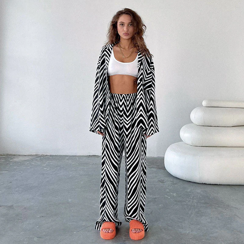 Casual Zigzag Pattern Collared Button Up Wide Leg Pants Matching Set - Black - Image 2