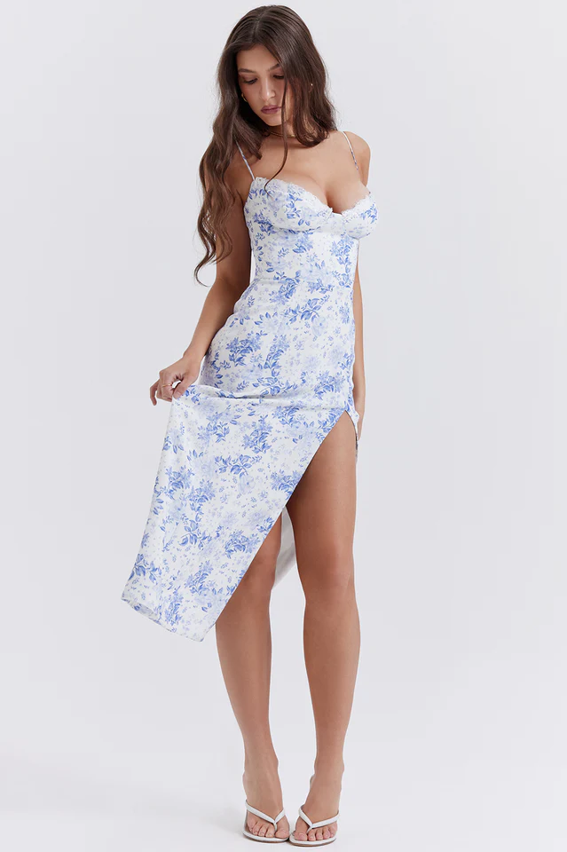 Charlotte Blue Print Corset Midi Dress - Image 7