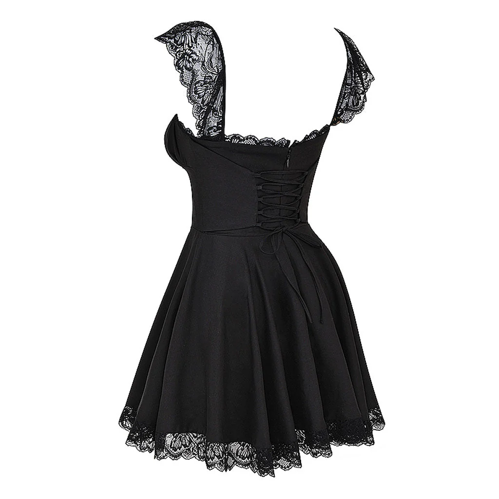 Charming Lace Trim Lace Up Ruched Square Neck Fit and Flare Mini SunDress - Image 5