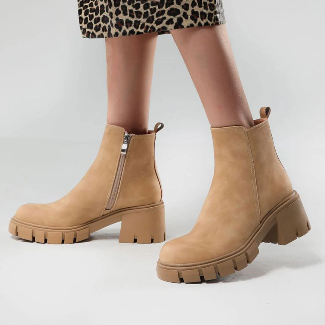 Chelsea Style Faux Leather Lug Sole Block Heel Ankle Boots - Khaki - Image 4