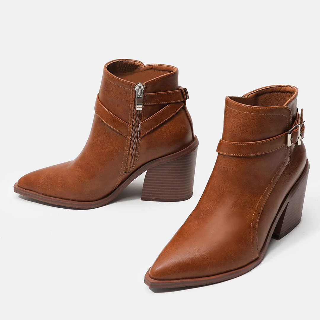 Chelsea Style Pointed Toe Buckle Strap Block Heel Ankle Boots - Caramel - Image 3
