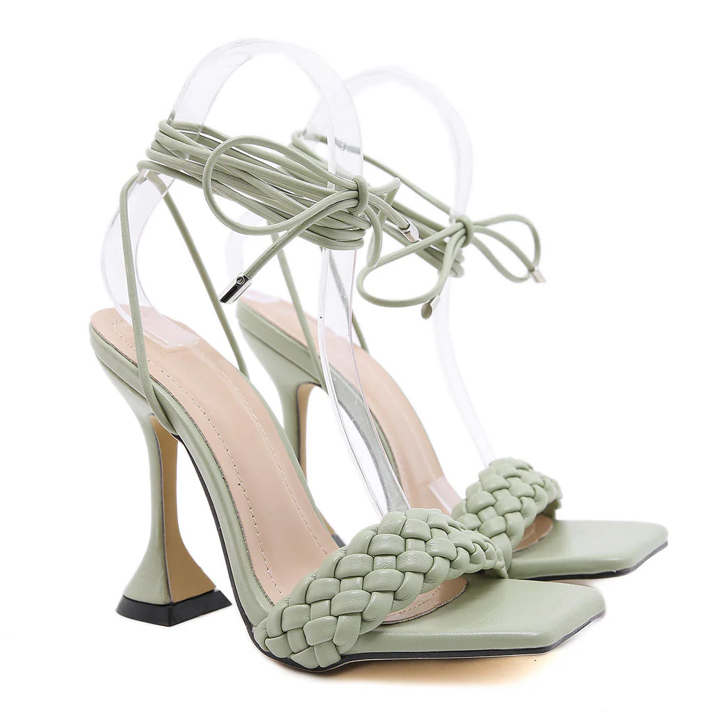 Chic Braided Strap Square Toe Unique High Heel Sandals - Green - Image 4
