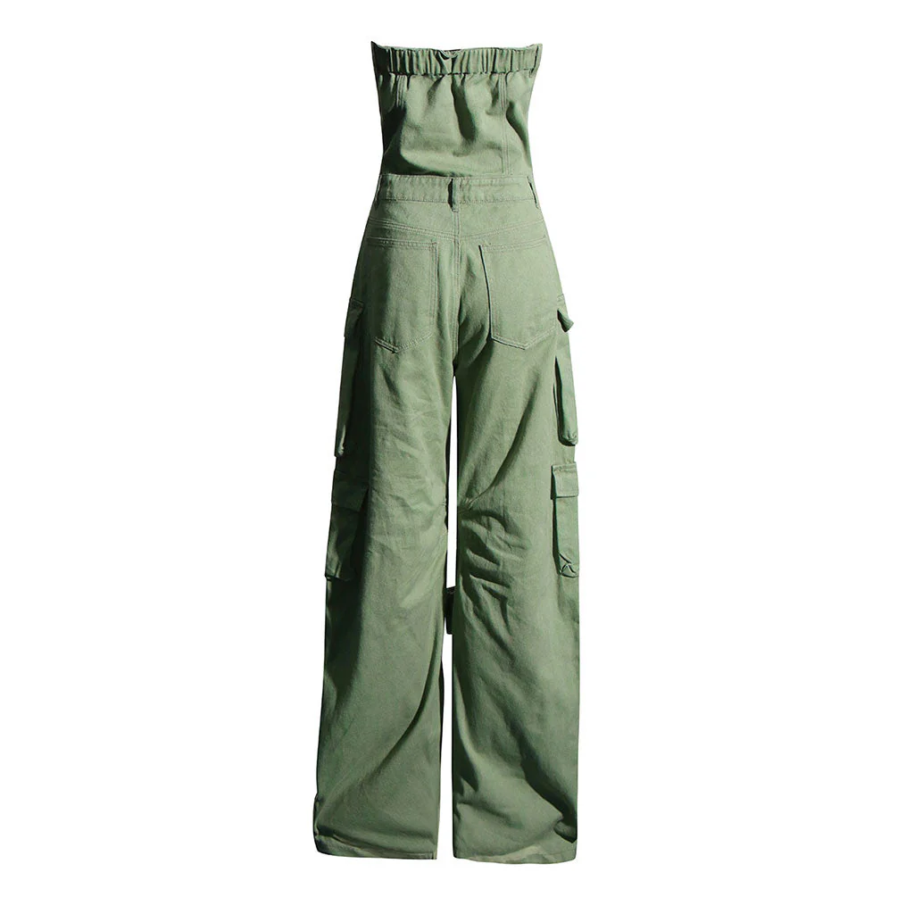 Chic Button Front Cargo Pocket Strapless Wide Leg Denim Jumpsuit - Image 3