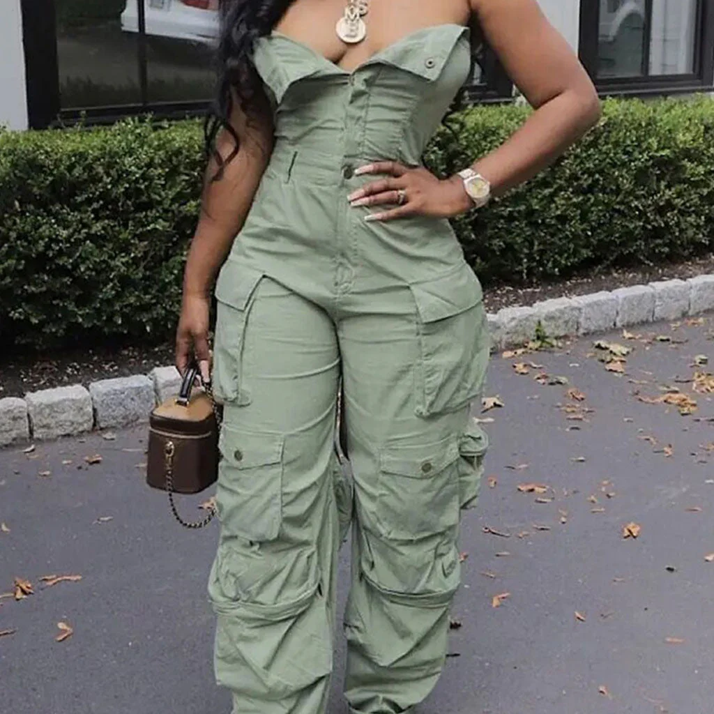 Chic Button Front Cargo Pocket Strapless Wide Leg Denim Jumpsuit - Image 4