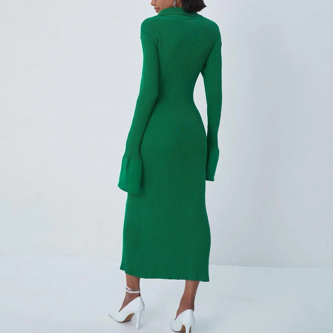 Chic Collared Button Down Long Sleeve Split Trim Rib Knit Maxi Dress - Green - Image 2