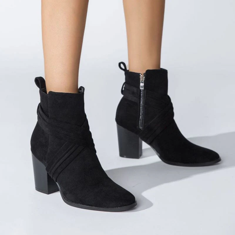 Chic Crisscross Strap Pointed Toe Block Heel Suede Ankle Boots - Black - Image 3