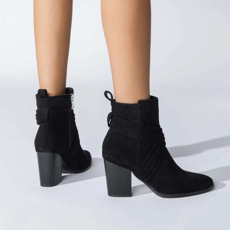 Chic Crisscross Strap Pointed Toe Block Heel Suede Ankle Boots - Black - Image 4