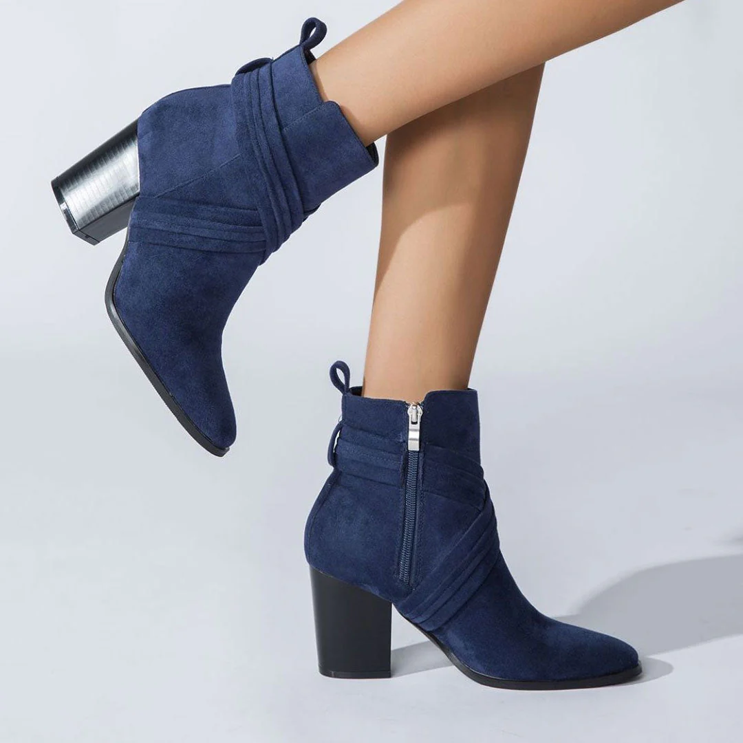 Chic Crisscross Strap Pointed Toe Block Heel Suede Ankle Boots - Navy Blue - Image 2