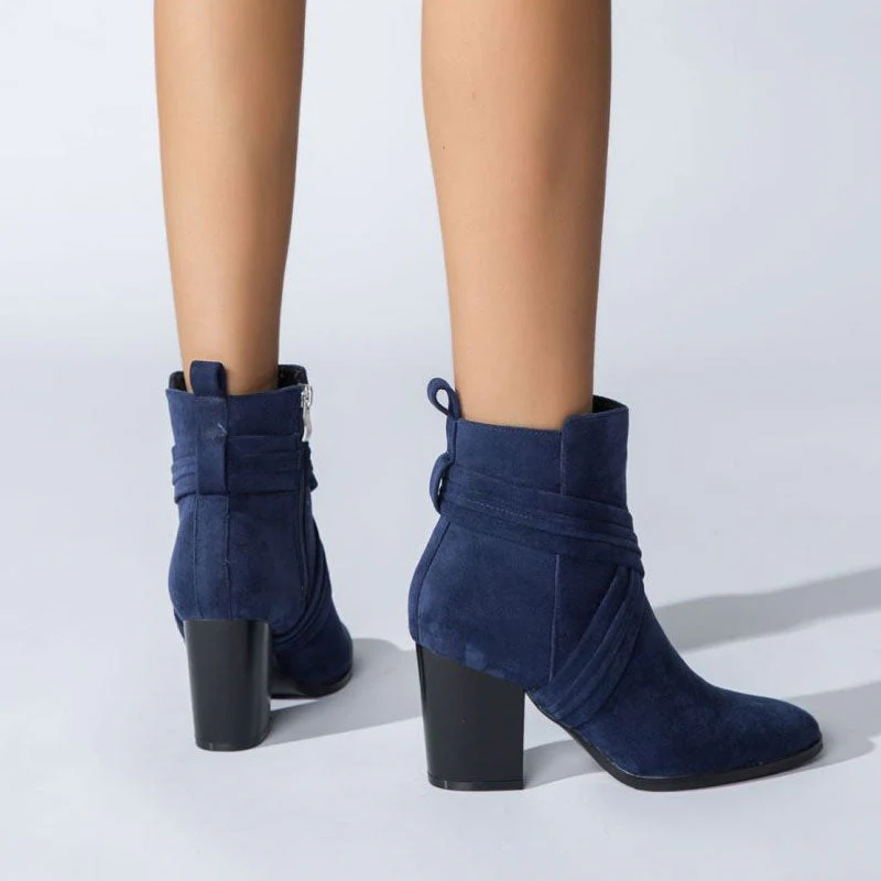 Chic Crisscross Strap Pointed Toe Block Heel Suede Ankle Boots - Navy Blue - Image 3