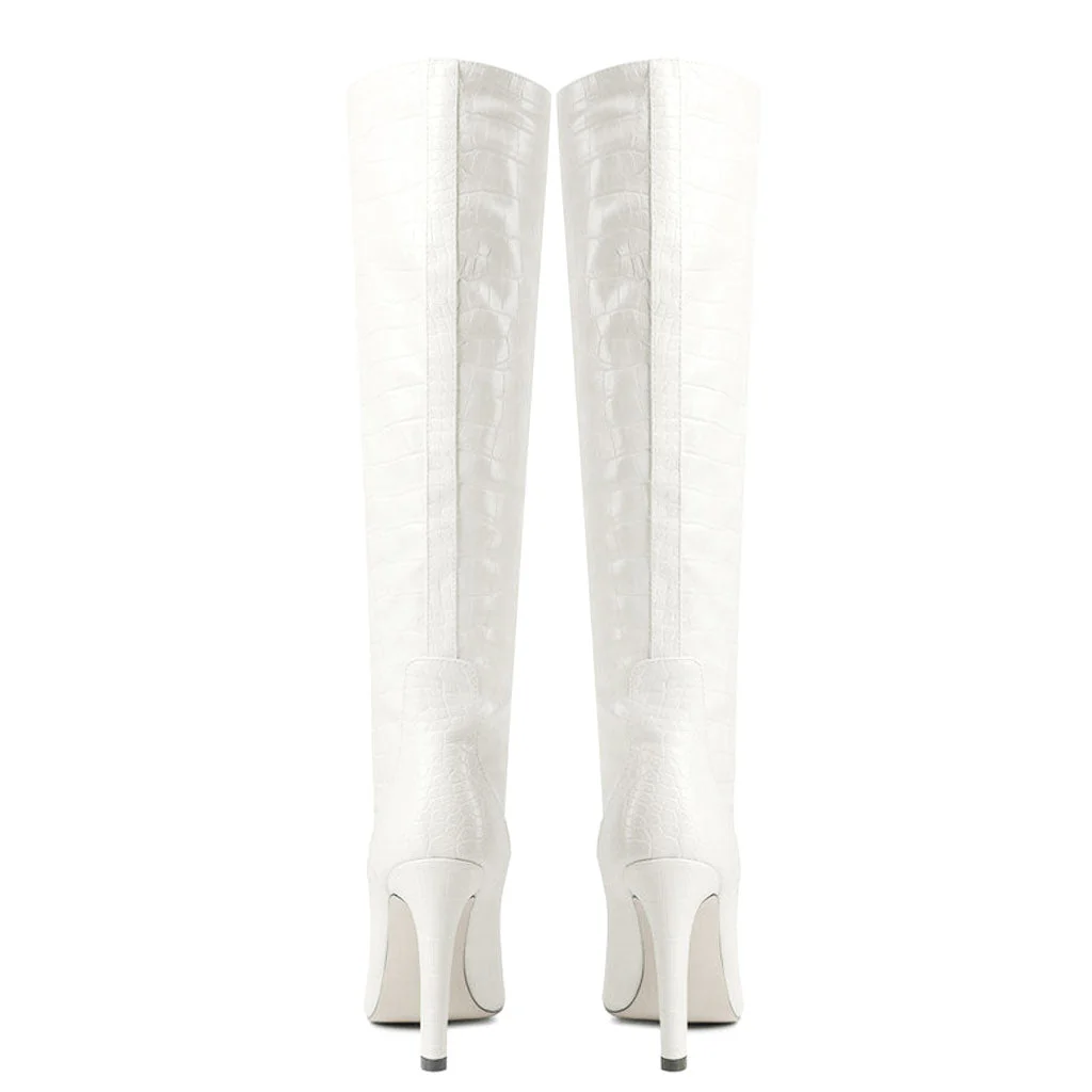 Chic Croc Effect Faux Leather Pointed Toe Knee High Stiletto Boots - Off White - Image 2