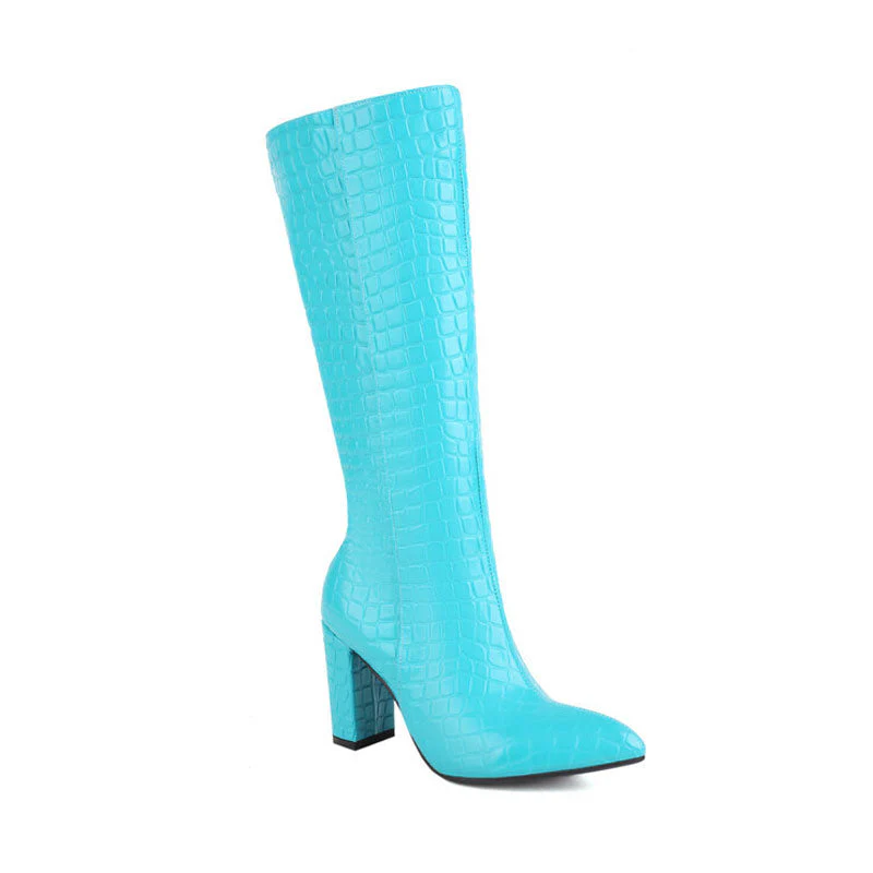 Chic Croc Effect Pointed Toe Chunky Heel Knee High Boots - Turquoise - Image 2