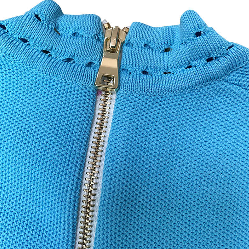 Chic Embossed Button Deep V Shoulder Pad Short Sleeve Textured Knit Mini Dress - Image 7