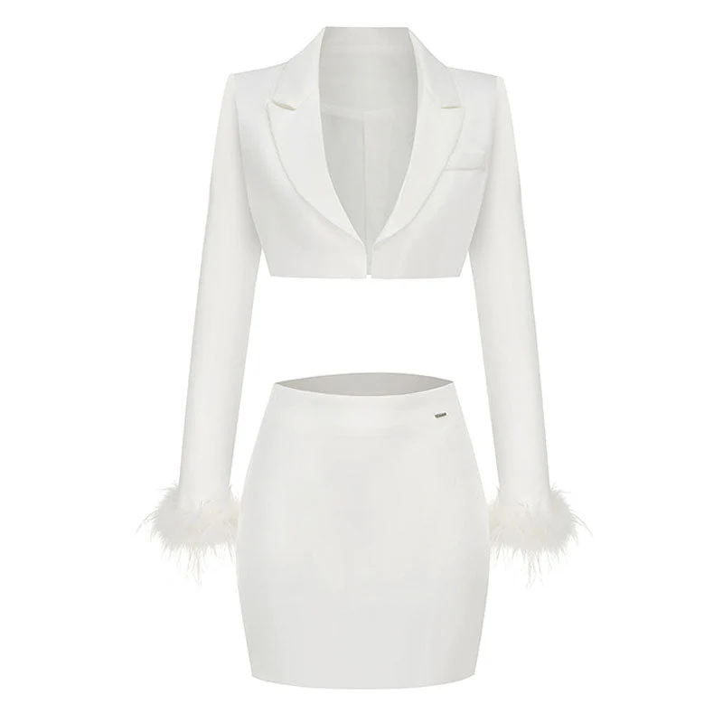 Chic Faux Feather Trim Lapel Collar Open Front Cropped Blazer Matching Set
