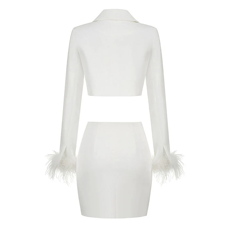Chic Faux Feather Trim Lapel Collar Open Front Cropped Blazer Matching Set - Image 2