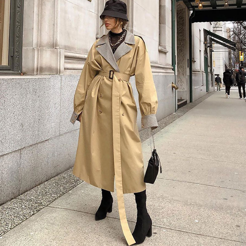 Chic Gingham Print Belted Long Sleeve Double Breasted Trench Coat - Khaki - Image 3