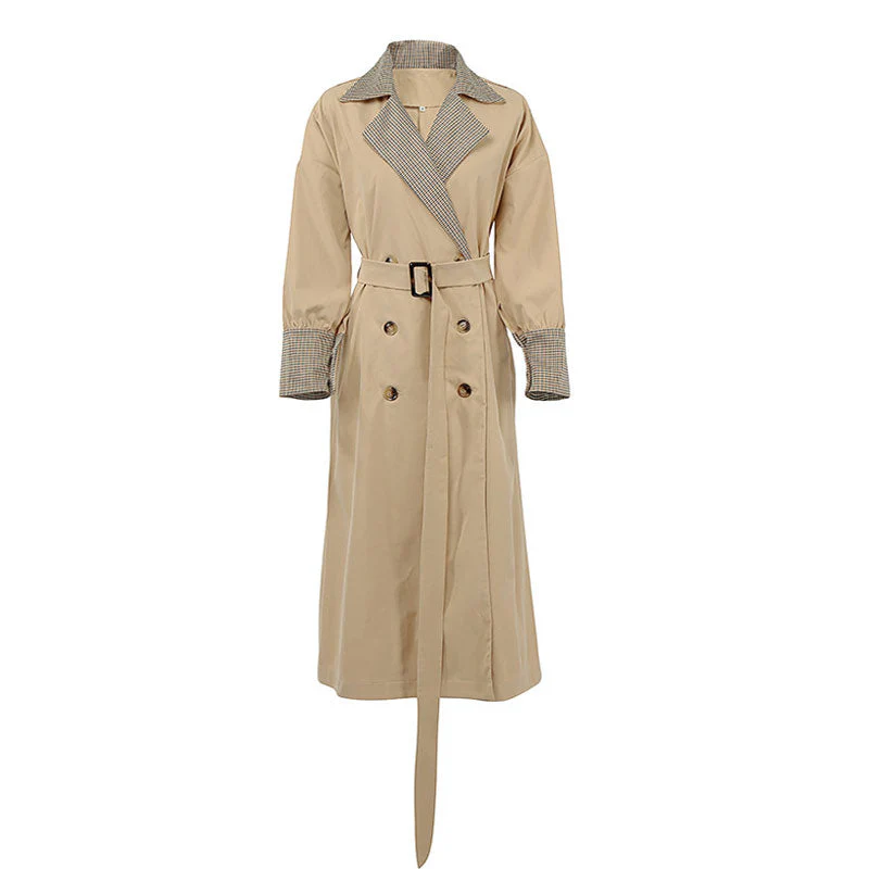 Chic Gingham Print Belted Long Sleeve Double Breasted Trench Coat - Khaki - Image 4