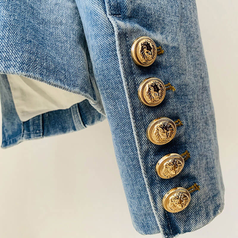 Chic Gold Button Peak Lapel Double Breasted Tailored Denim Blazer - Light Blue - Image 5