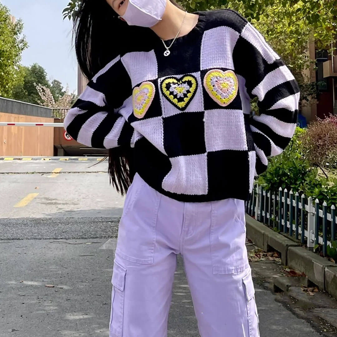 Chic Heart Checkered Drop Shoulder Long Sleeve Sweater - Purple - Image 2