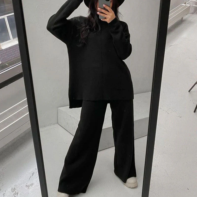 Chic High Neck Rib Knit Pullover Sweater Wide Leg Pants Matching Set - Black - Image 2