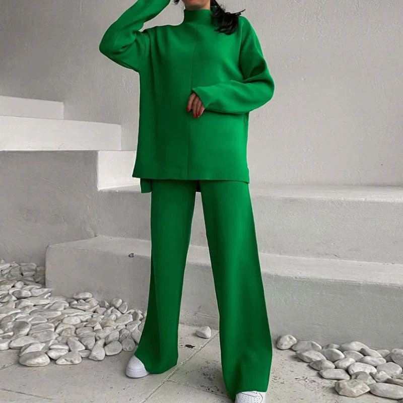Chic High Neck Rib Knit Pullover Sweater Wide Leg Pants Matching Set - Green - Image 2
