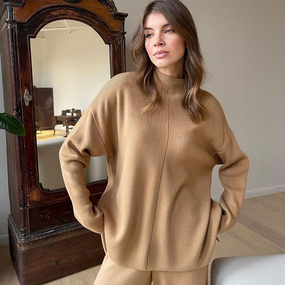Chic High Neck Rib Knit Pullover Sweater Wide Leg Pants Matching Set - Khaki - Image 2