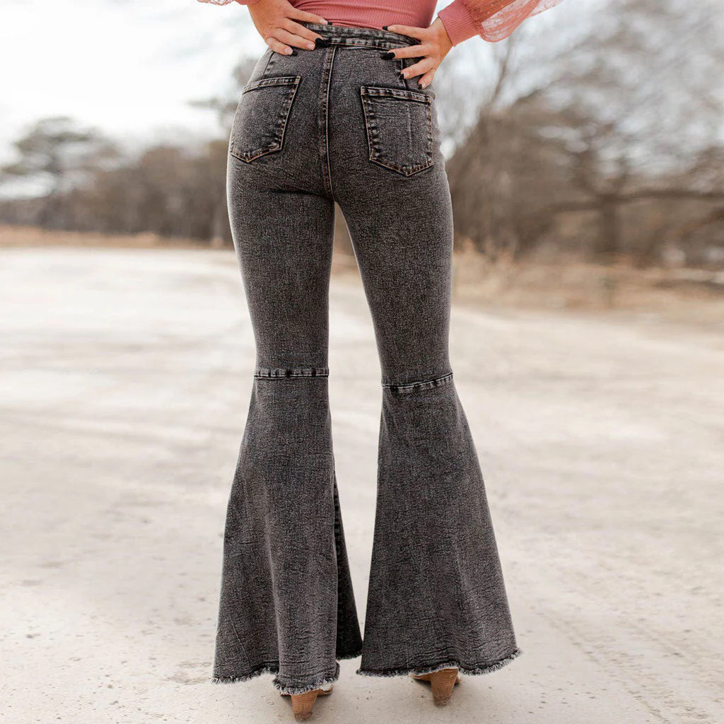 Chic High Waist Frayed Flare Hem Skinny Bell Jeans - Gray - Image 2