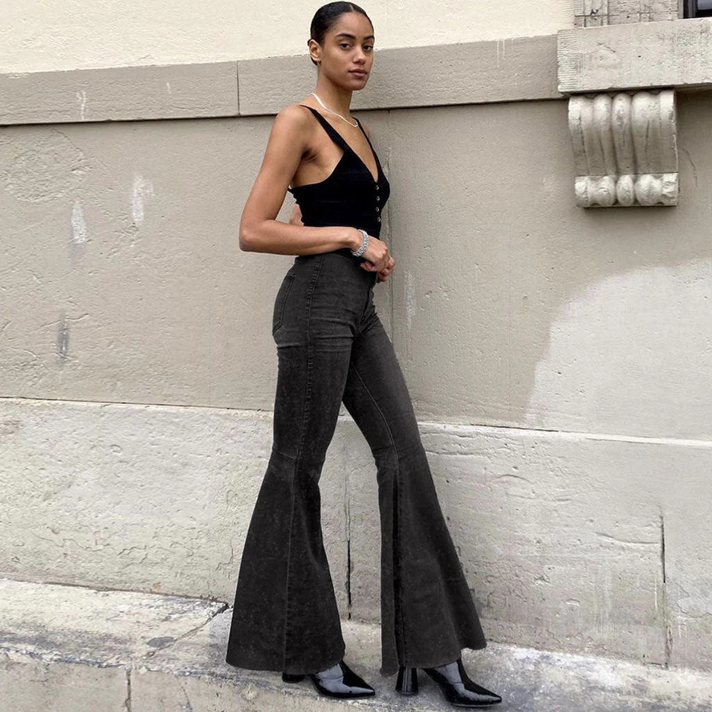 Chic High Waist Frayed Flare Hem Skinny Bell Jeans - Gray - Image 3