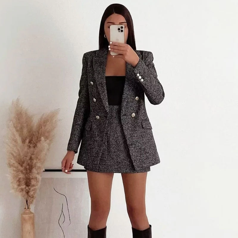 Chic Lapel Collar Double Breasted Long Sleeve Longline Tweed Blazer - Gray - Image 3