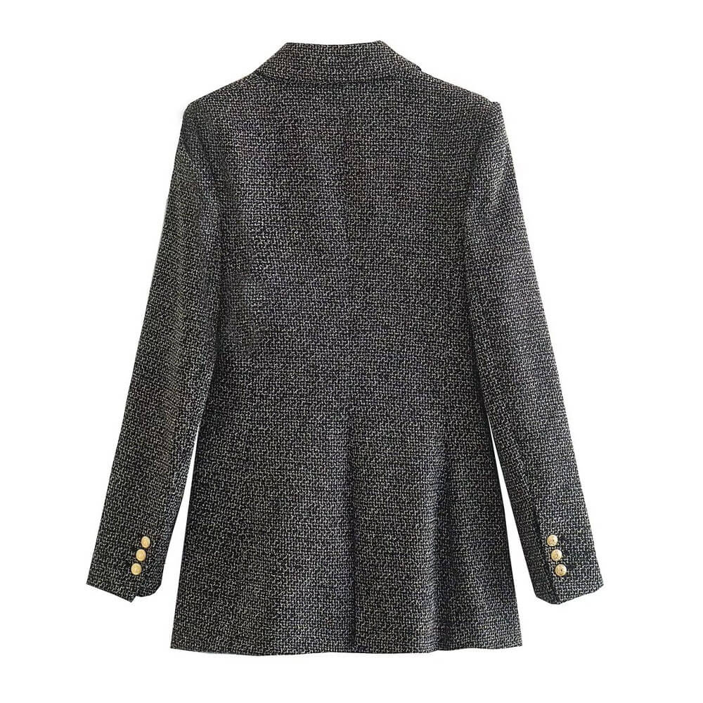 Chic Lapel Collar Double Breasted Long Sleeve Longline Tweed Blazer - Gray - Image 4