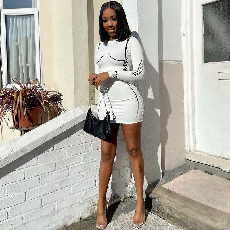 Chic Long Sleeve Contour Drawn Print Bodycon Mini Dress - White - Image 2