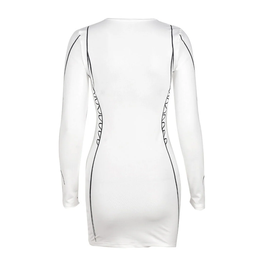 Chic Long Sleeve Contour Drawn Print Bodycon Mini Dress - White - Image 4