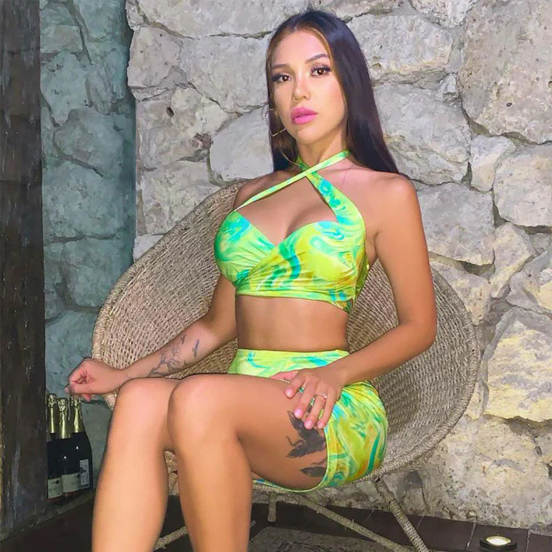 Chic Marble Print Sleeveless Top Bodycon Mini Skirt Matching Set - Green - Image 2