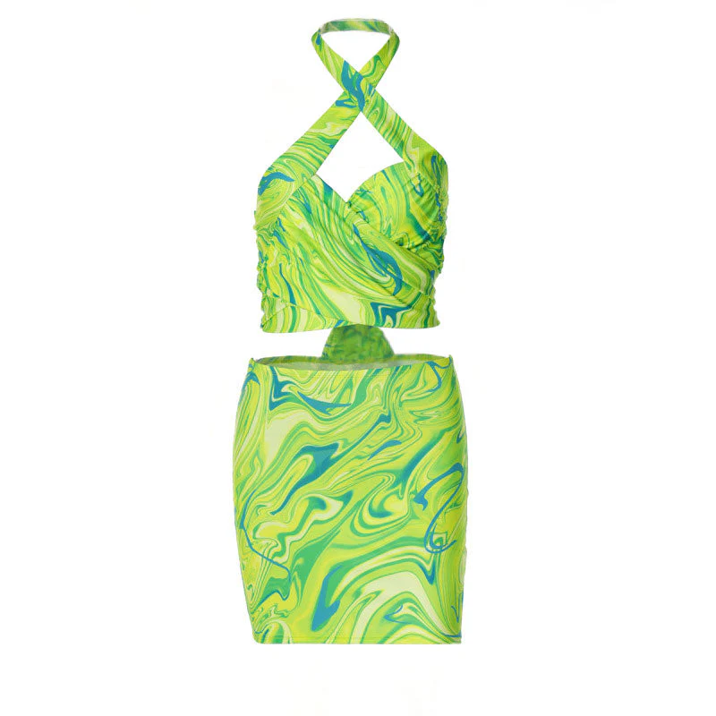 Chic Marble Print Sleeveless Top Bodycon Mini Skirt Matching Set - Green - Image 3