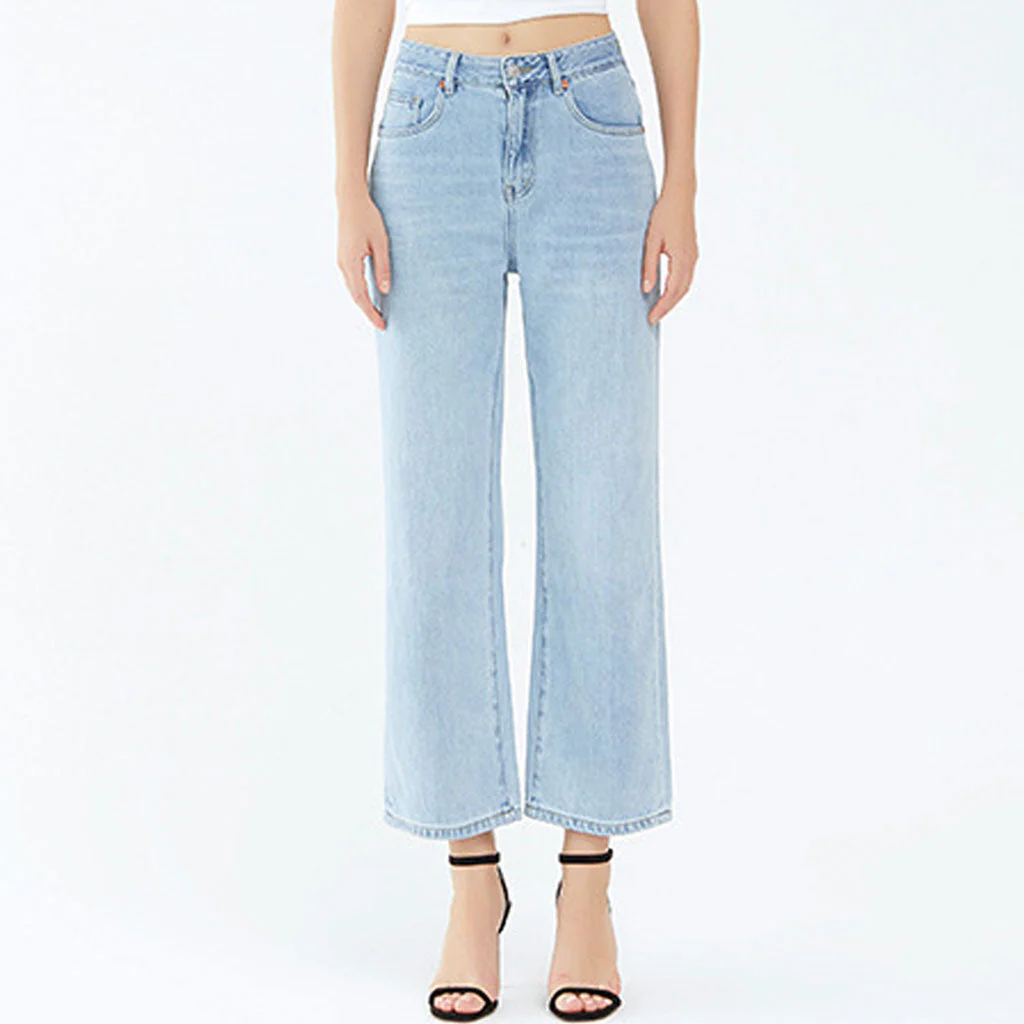 Chic Mid Waist Ankle Length Faded Wide Leg Jeans - Light Blue - Image 2
