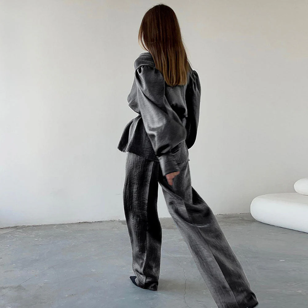 Chic Puff Sleeve Wrap Blouse High Waist Wide Leg Pants Matching Set - Black - Image 4