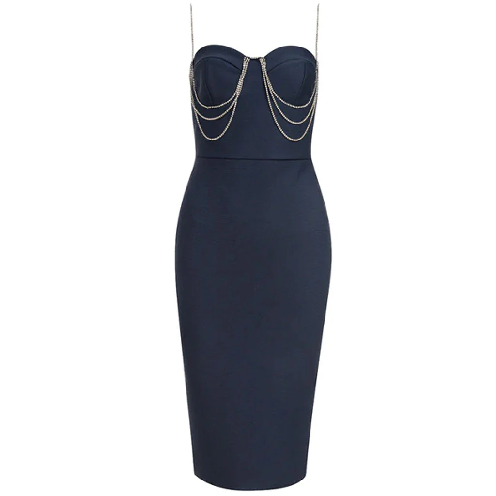 Chic Rhinestone Detail Strap Sweetheart Slit Bandage Midi Dress - Black - Image 4