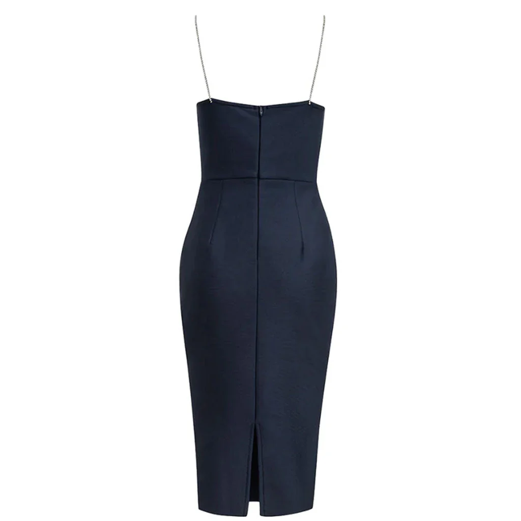Chic Rhinestone Detail Strap Sweetheart Slit Bandage Midi Dress - Black - Image 5