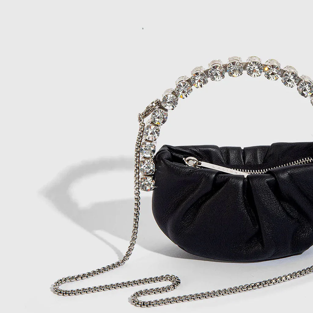 Chic Rhinestone Embellished Gathered Leather Semicircular Mini Clutch - Black - Image 3