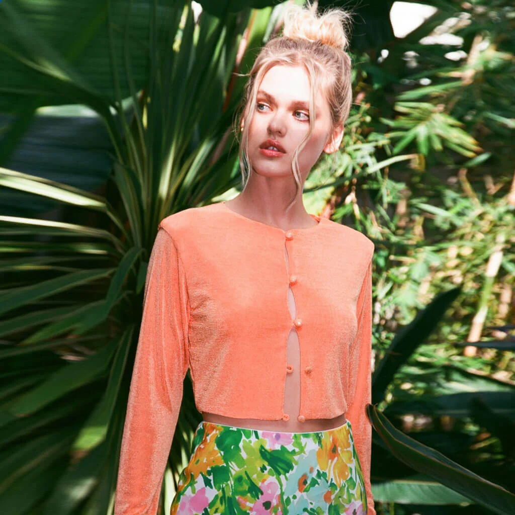 Chic Round Neck Button Up Long Sleeve Crop Top - Burnt Orange - Image 2